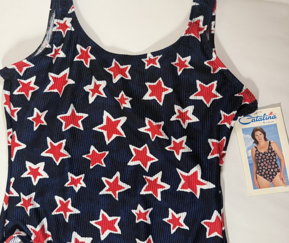 NWT VTG 90s Catalina Ribbed One Piece Swimsuit PLUS 1X Navy Red Stars USA NOS